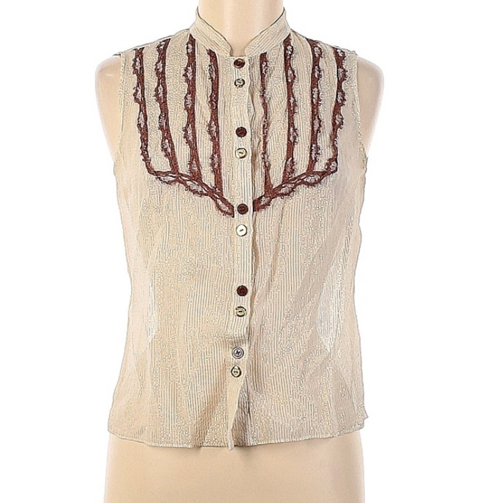 Cache sleeveless silk metallic Bibbed button front blouse medium